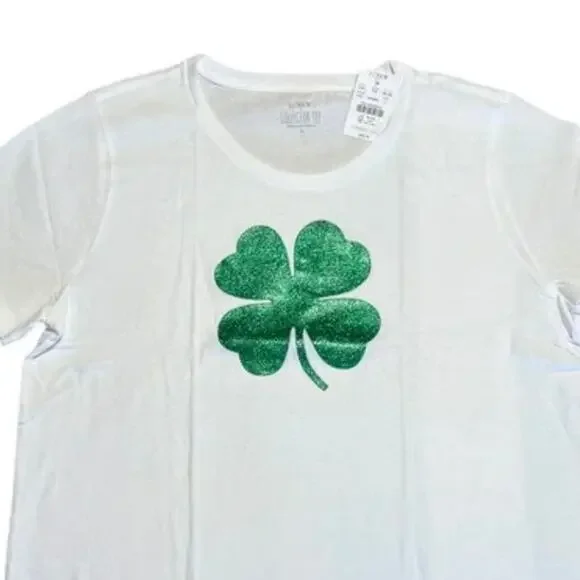 NWT J. Crew White W/Green Glitter Clover Graphic Tee - Picture 2 of 10